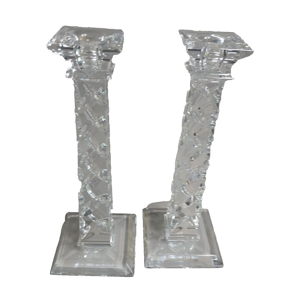 2 Square Crystal Candlesticks 24% Lead Crystal Made in Slovania Oval Concave 10"